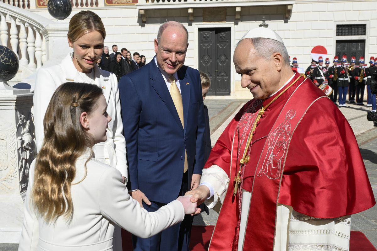 Princess Gabriella of Monaco, Princess Charlene of Monaco, Pope Leo XIV and Prince Albert II of Monaco take part a welcome ceremony during the visit of Pope Leo XIV on March 28, 2026 in Monaco, Monaco.