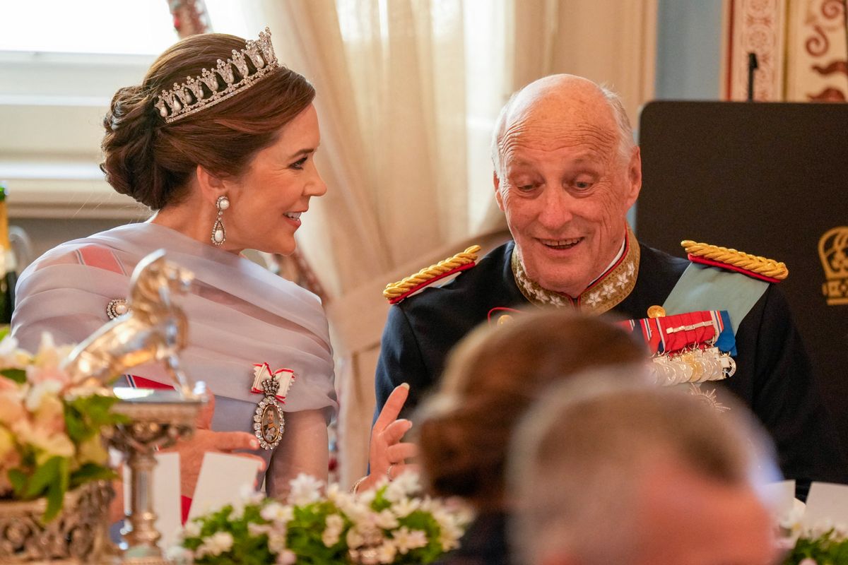 King Harald V of Norway (R) and Queen Mary of Denmark speak during a gala dinner at the The Royal Palace in Oslo, Norway, on May 14, 2024