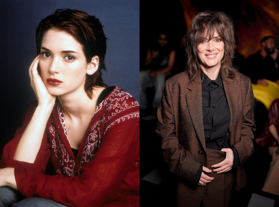 Split image of Winona Ryder. On the left in 1994 wearing a red patterned jumper, on the right in a brown suit with a black shirt in 2026. 