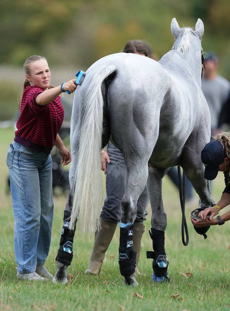 Mia Tindall grooms a grey horse fitted with protective boots, spraying its tail with a hose after the cross country phase at Blenheim Palace