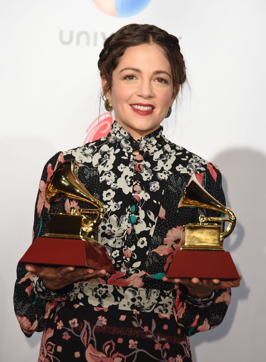 Mexican singer Natalia Lafourcade poses with her trophies for during the 18th Annual Latin Grammy Awards in Las Vegas, Nevada