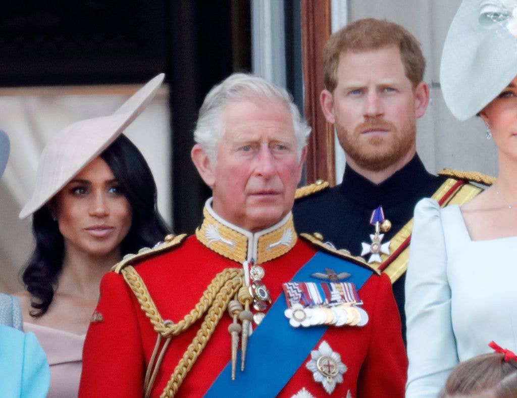 Meghan Markle, King Charles and Prince Harry on the balcony of Buckingham Palace during Trooping The Colour 2018