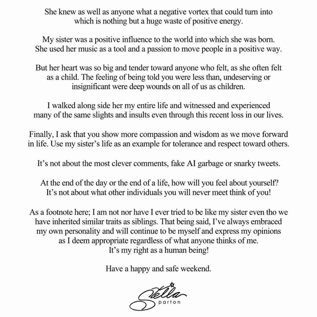 Instagram letter posted by Stella Parton
