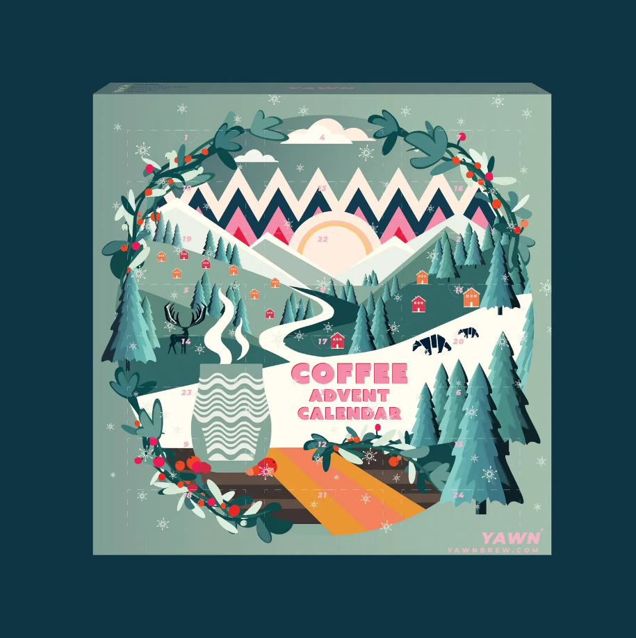 Illustrated Coffee Advent Calendar by Yawn, featuring a winter scene with a steaming mug.