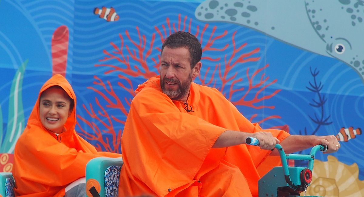 Salma Hayek reunited with Adam Sandler on the set of Grown Ups 3 at Keansburg Amusement Park in New Jersey, years after starring together in the first two films.