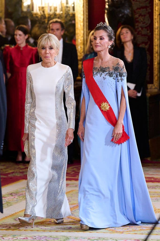 Queen Letizia of Spain (R) and  First Lady of France Brigitte Macron (L) attend an Gala Dinner at the Royal Palace of Madrid on the first day of the State Visit of the President of France on September 29, 2026 in Madrid, Spain. (Photo by Carlos Alvarez/Getty Images)
