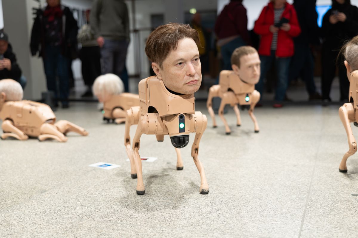 Autonomous robotic dogs fitted with hyper-realistic silicone heads modelled after US entrepreneur Elon Musk and six other well-known people