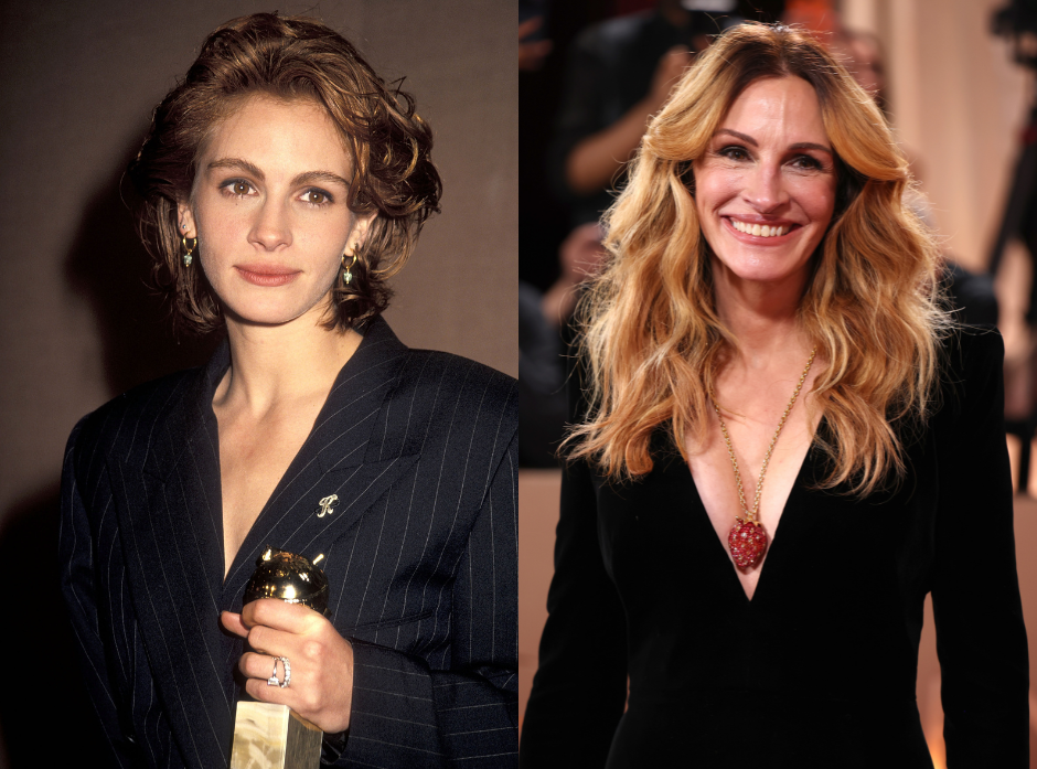 Split image of Julia Roberts. On the left holding a Golden Globe award in a striped suit jacket. On the right, wearing a black dress with a deep v neck line and strawberry necklace.