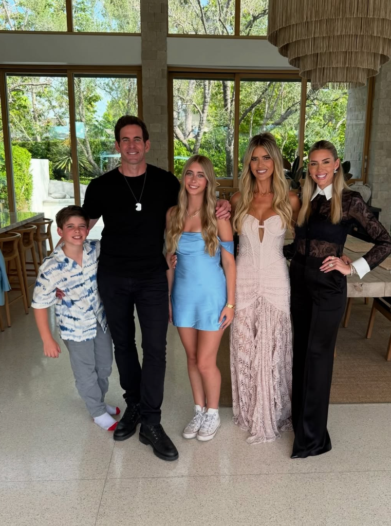 Photo shared by Christina Haack on Instagram featuring her ex-husband Tarek El Moussa, their kids taylor and Brayden, and their stepmom heather Rae El Moussa, celebrating Taylor's middle school graduation