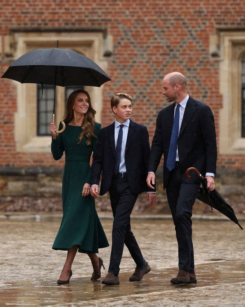 Britain's Catherine, Princess of Wales (L) and Britain's Prince William, Prince of Wales (R) walk with their 13-year-old son, Britain's Prince George of Wales (C), as he arrives for his first day at Eton College, in Eton, west of London, on September 8, 2026.