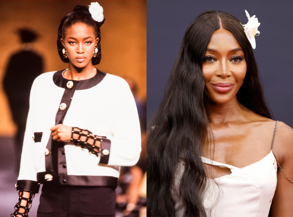 Split image of Naomi Campbell. On the left walking the runway in 1989 in a brown dress and white jacket with brown trim, wearing a black fascinator with a white flower. On the right, in a white strap dress with an orchid in her hair.