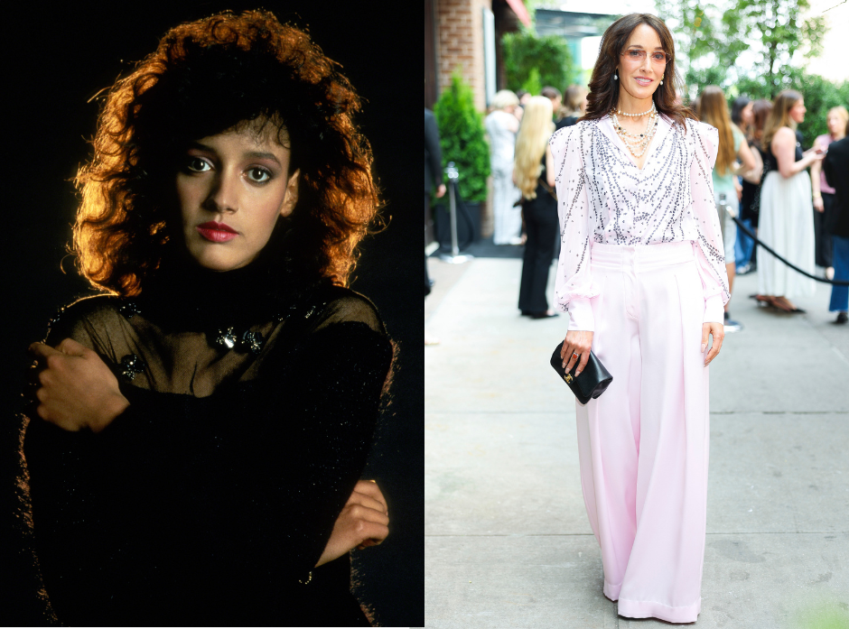 Split image of Jennifer Beals. On the left, in a black, part sheer top against a black background. On the right, in 2025 wearing a pink shirt with silver embellishments and pink wide leg trousers. 