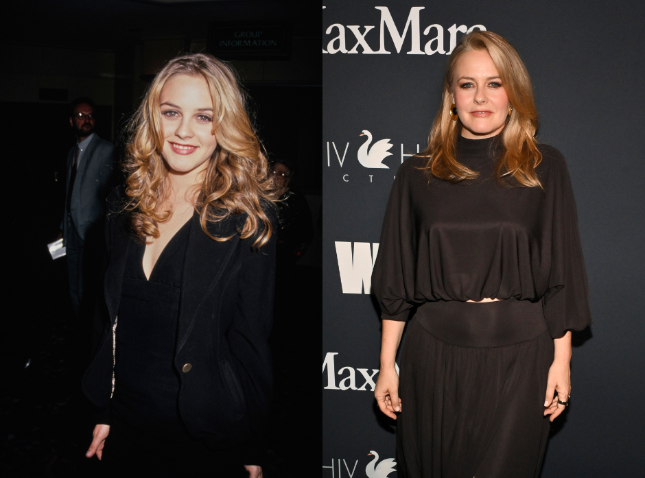 Split image of Alicia Silverstone. On the left in 1995 wearing a black dress and black jacket. On the right, wearing a pleated black top with a high neck and a black skirt.