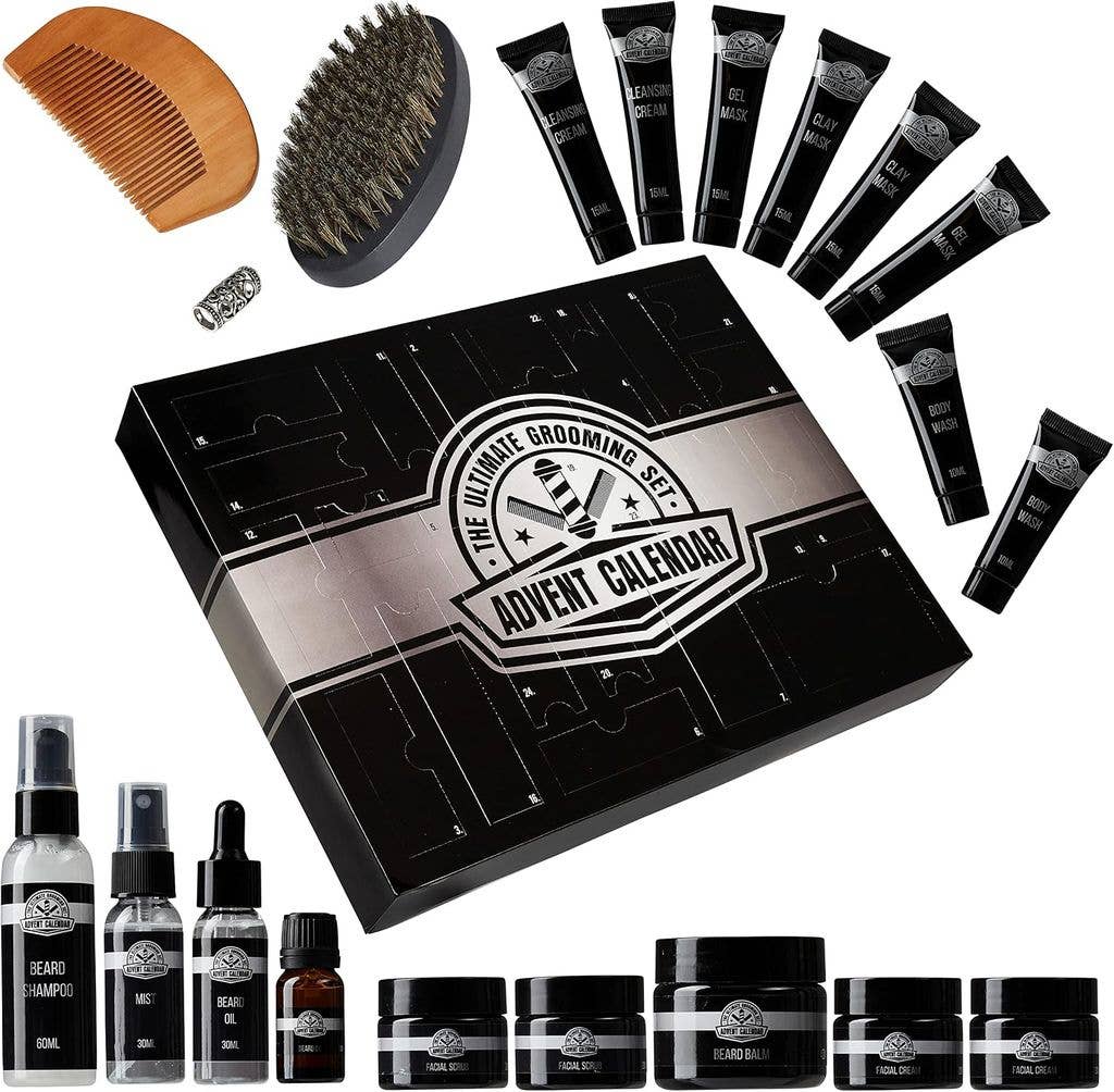  amazon beard advent calendar, labeled 'The Ultimate Grooming Set Advent Calendar' with various grooming products around it