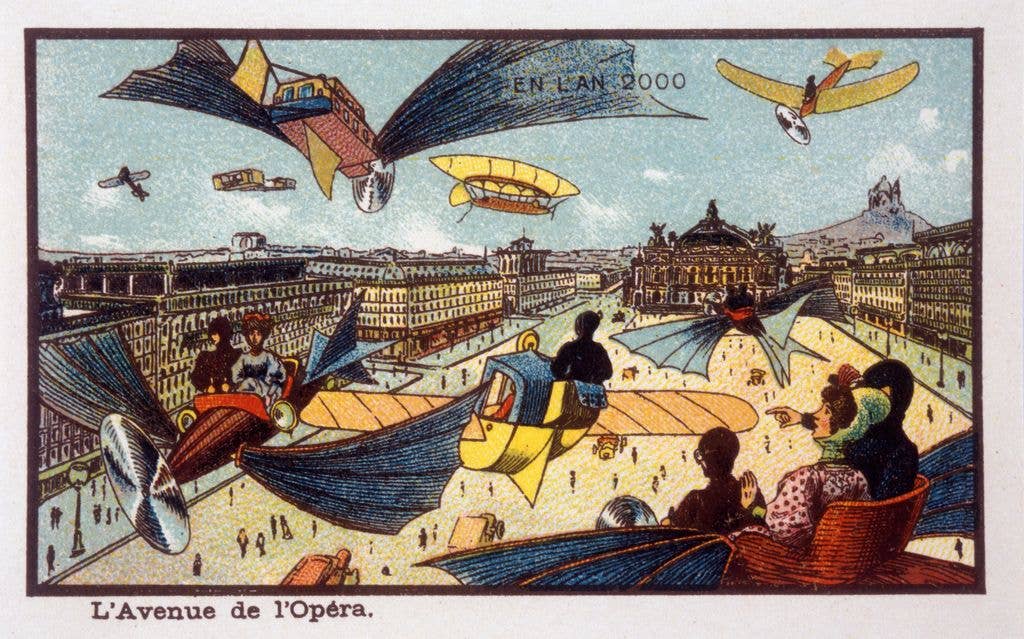 A vintage illustration shows winged flying cars and airships soaring above the Avenue de l'Opéra in Paris, imagined as the year 2000.