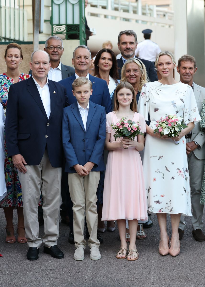 The Monaco royals subtly coordinated for the family outing, with Charlene and Gabriella in romantic dresses and Albert and Jacques in navy and neutral tones.