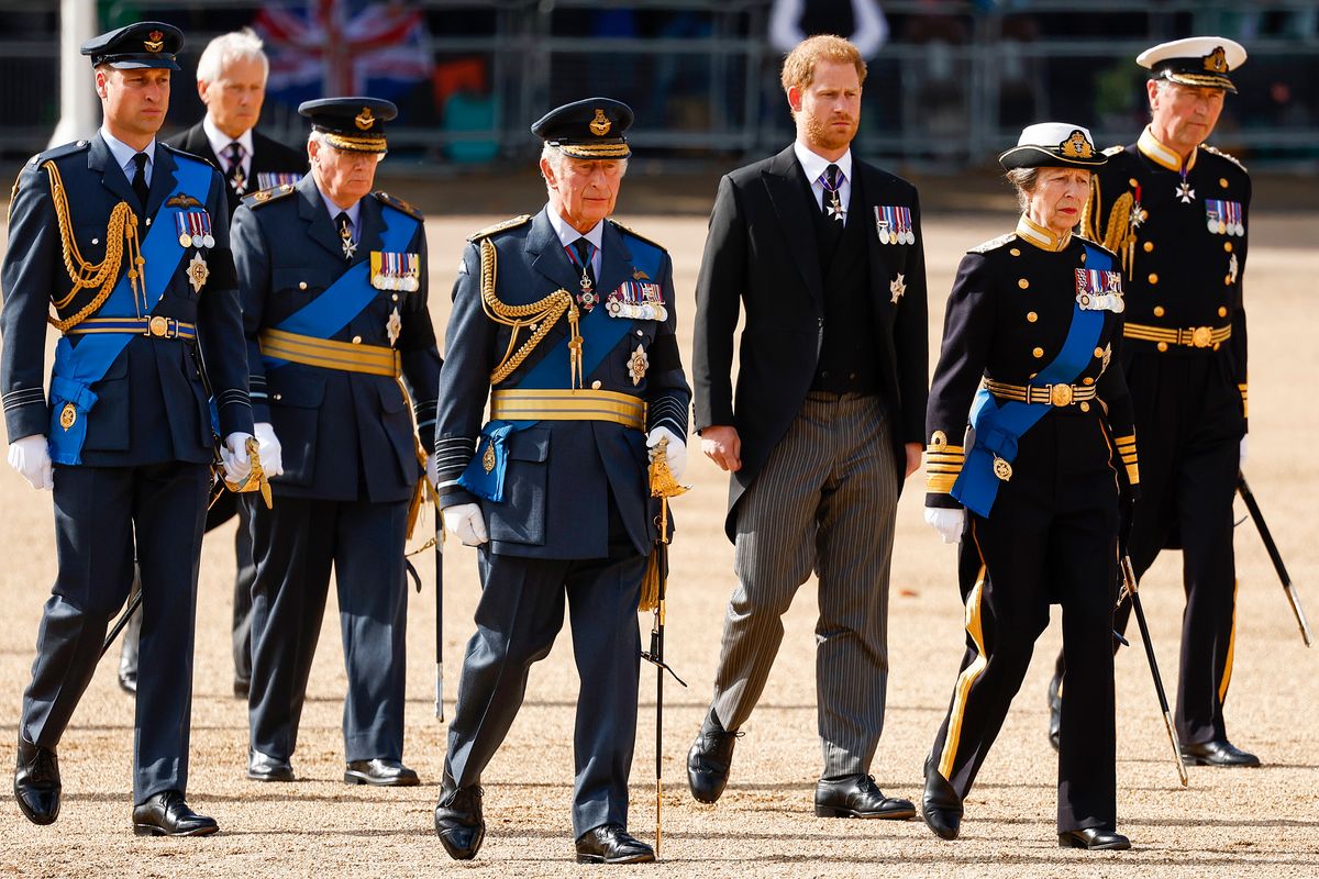 Prince Harry is the only senior royal in the procession not wearing a military uniform, instead dressed in a formal black jacket.