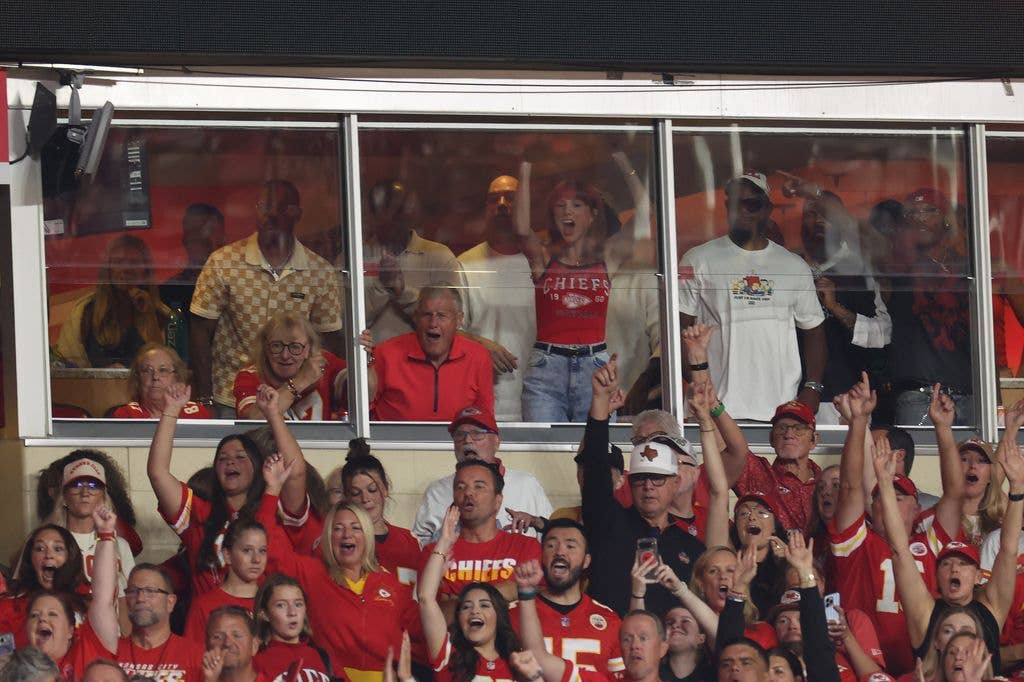 Singer Taylor Swift celebrates after Travis Kelce #87 of the Kansas City Chiefs scores a touchdown during the first quarter against the Indianapolis Colts at Arrowhead Stadium on September 20, 2026 in Kansas City, Missouri.
