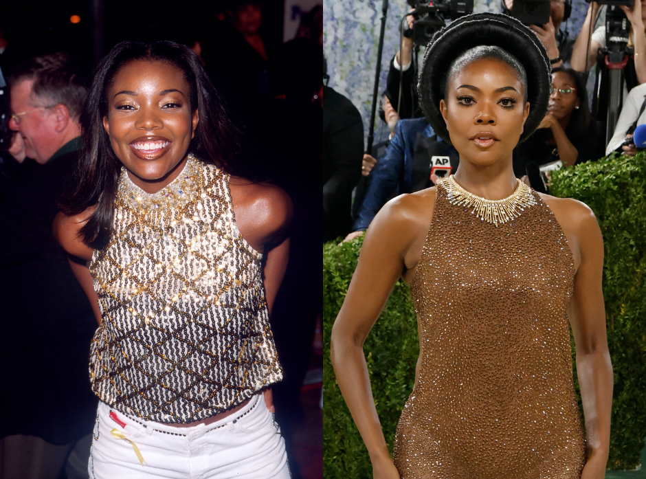 Split image of Gabrielle Union. Shown on the left in a gold halterneck dress and white jeans in 2000. On the right, wearing a sparkly bronze halterneck dress with a light necklace in 2026. 