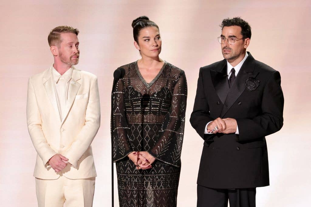 Macaulay Culkin, Annie Murphy, and Dan Levy speak onstage during the 78th Primetime Emmy Awards at Peacock Theater on September 14, 2026 in Los Angeles, California