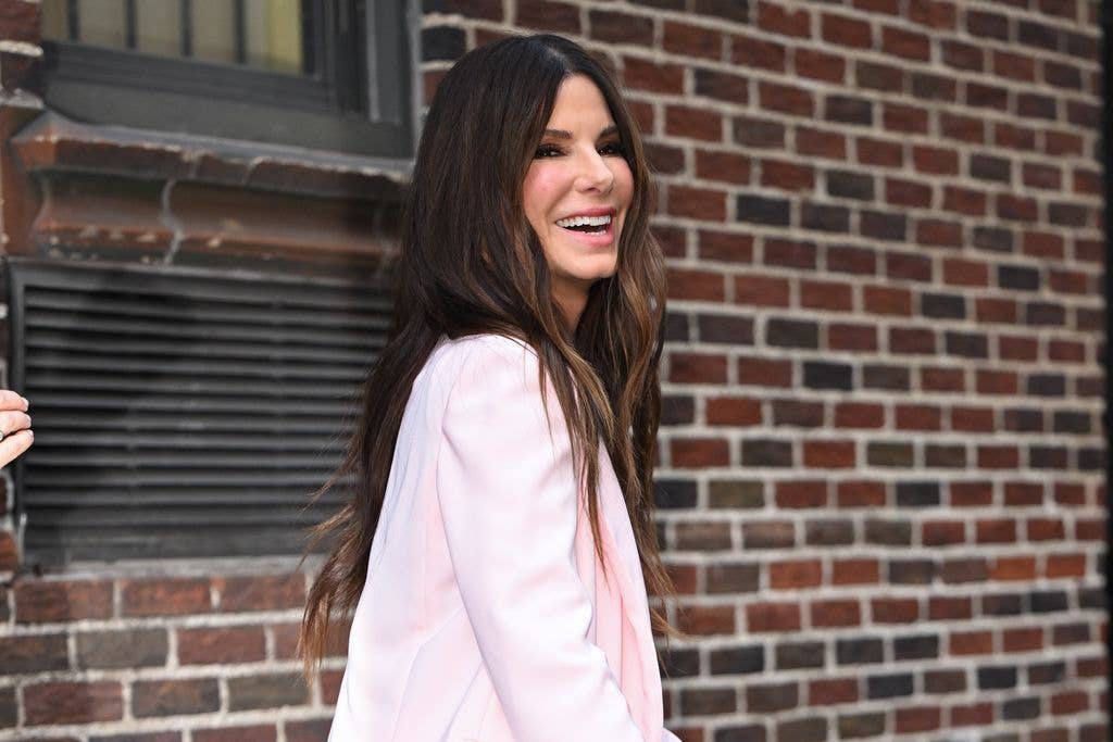 Sandra Bullock is seen outside the 'The Late Show with Stephen Colbert' at the Ed Sullivan Theater on on March 14, 2022 in New York City. (Photo by James Devaney/GC Images)