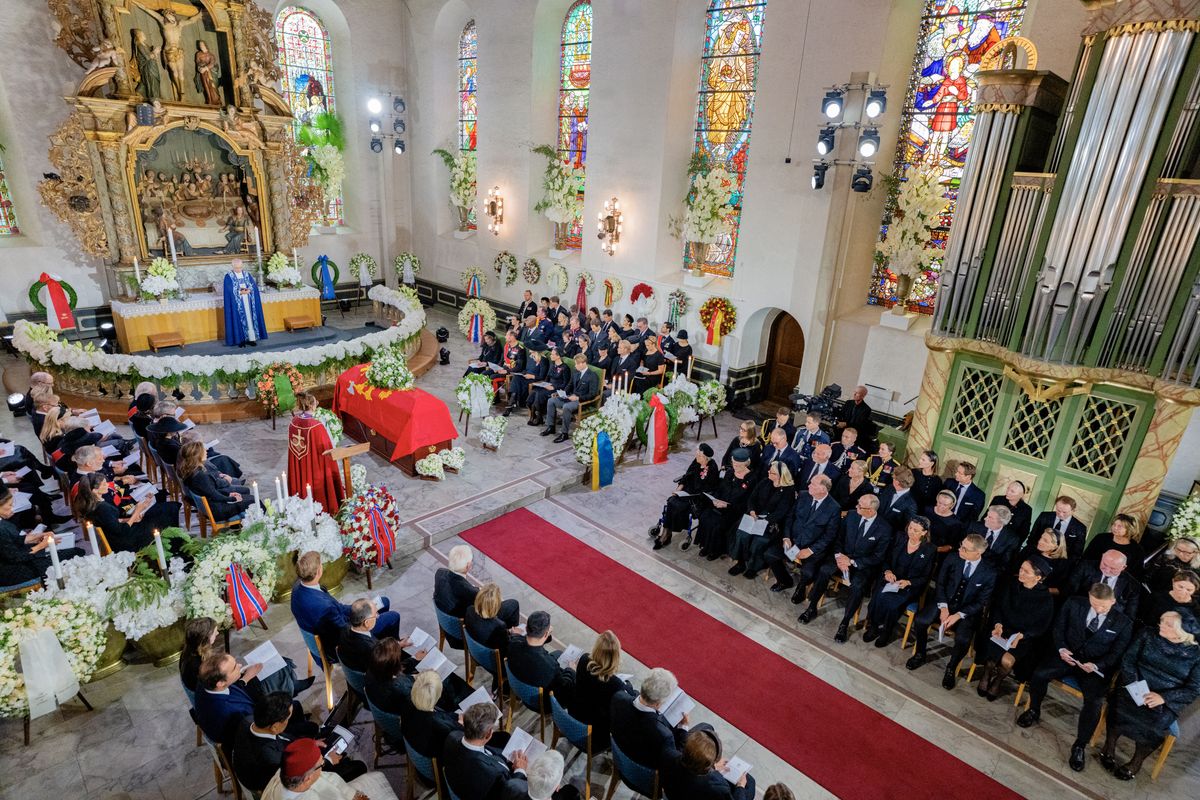 The coffin of King Harald V of Norway stands in the cathedral as the royal family and guets sit during the funeral service for Norway's late King at the Oslo Cathedral in Oslo, Norway, on September 9, 2026. 
