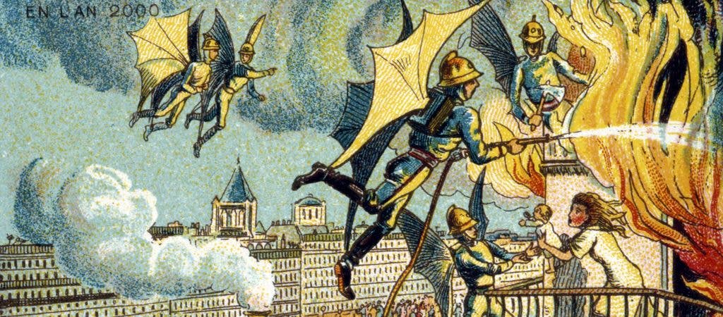 A vintage illustration shows winged firemen with helmets flying over a city, one spraying water on a burning building while rescuing a woman and child.