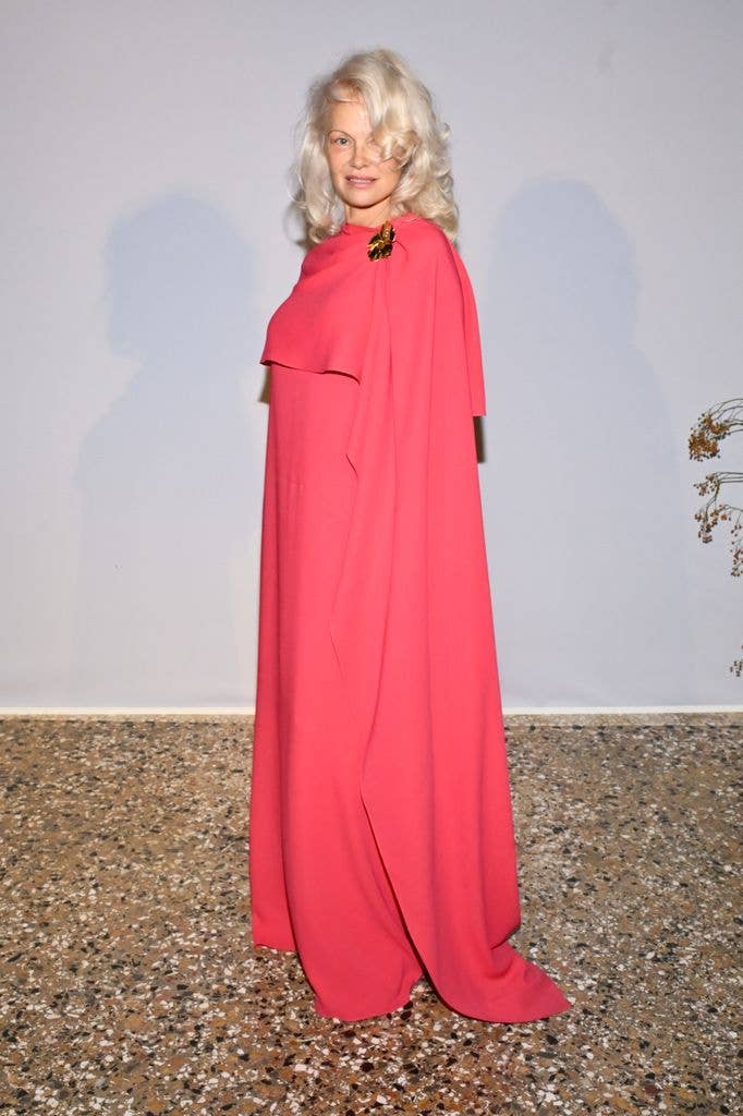 Pamela Anderson in a pink cape-style dress with a gold brooch.