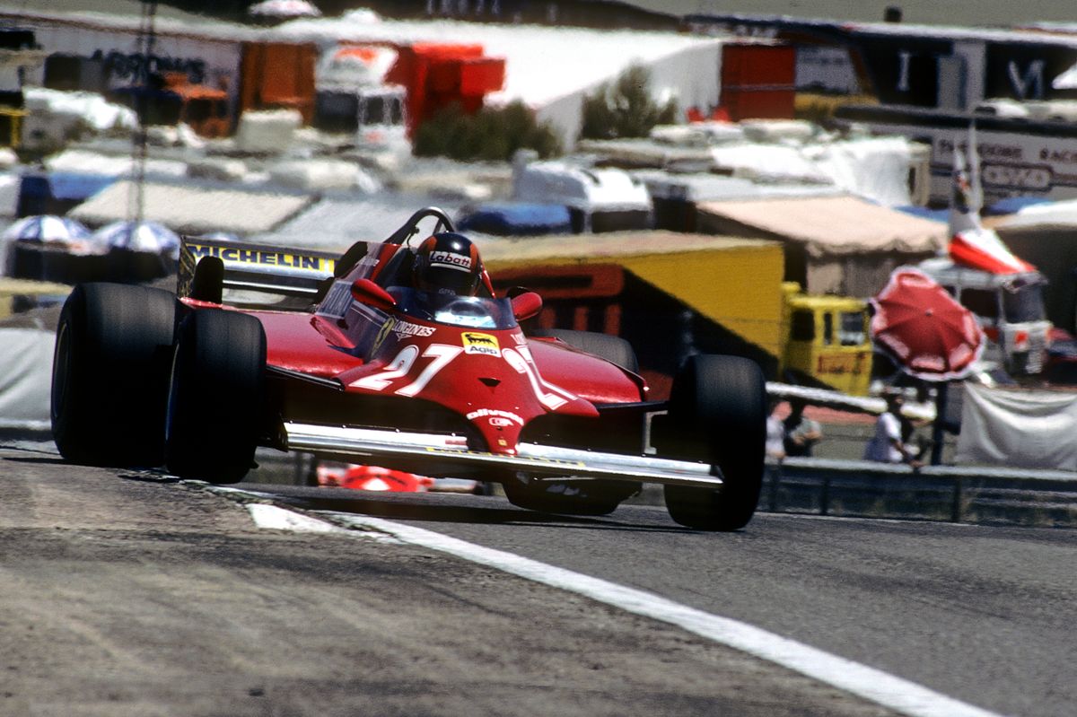 Gilles Villeneuve pushes his Ferrari 126CK to the limit during the 1981 Spanish Grand Prix at Jarama, the last Formula 1 race held in Madrid before the championship’s return 45 years later.