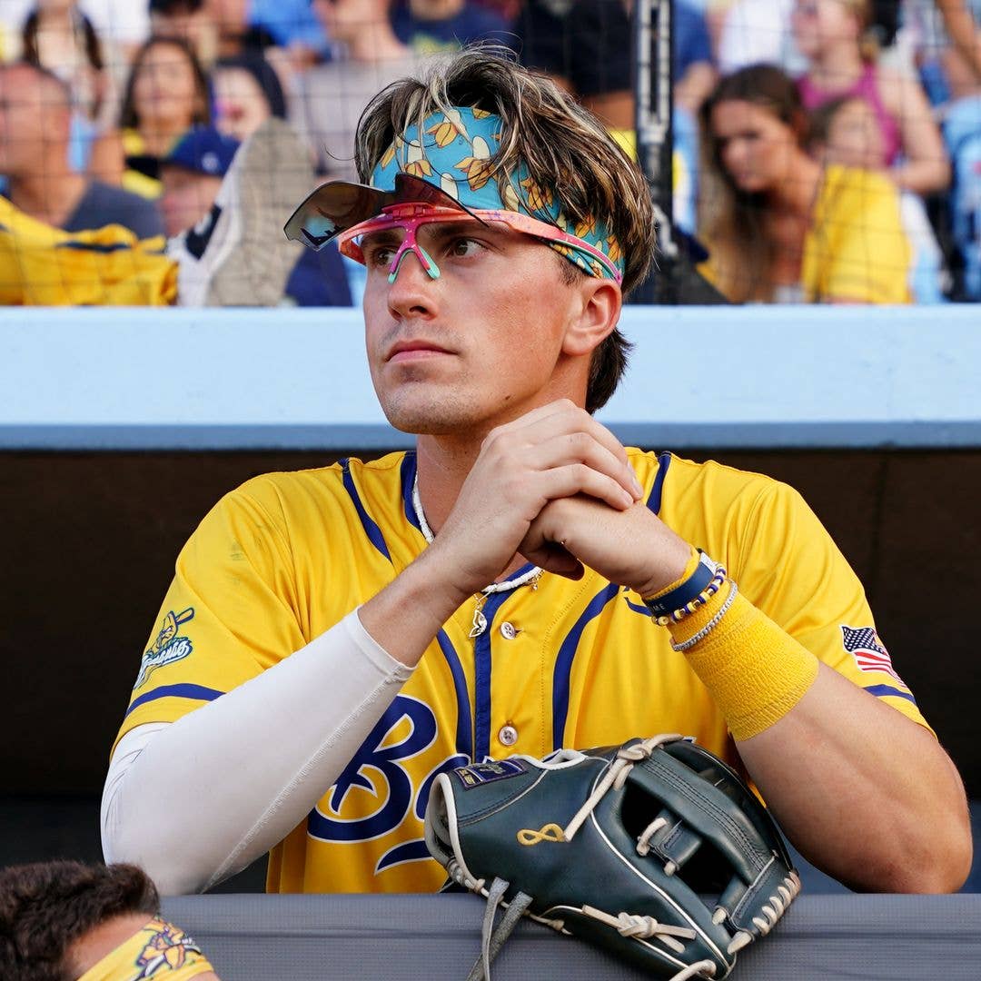 Jackson Olson #8 of the Savannah Bananas looks on prior during the Savannah Bananas against the Party Animals at Staten Island University Hospital Community Park on Saturday, August 12, 2023 in Staten Island, New York.
