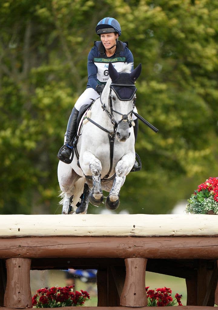 Zara Tindall, wearing a helmet and navy jacket, jumps over a wooden cross country fence on her grey horse Classicals Euro Star, with trees and red flowers in the background.