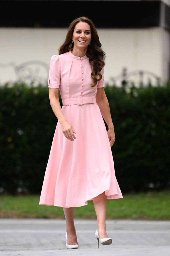 Kate Middleton wearing a pink dress as she officially opens The Young V&A at V&A Museum Of Childhood on June 28, 2023 in London, England.  