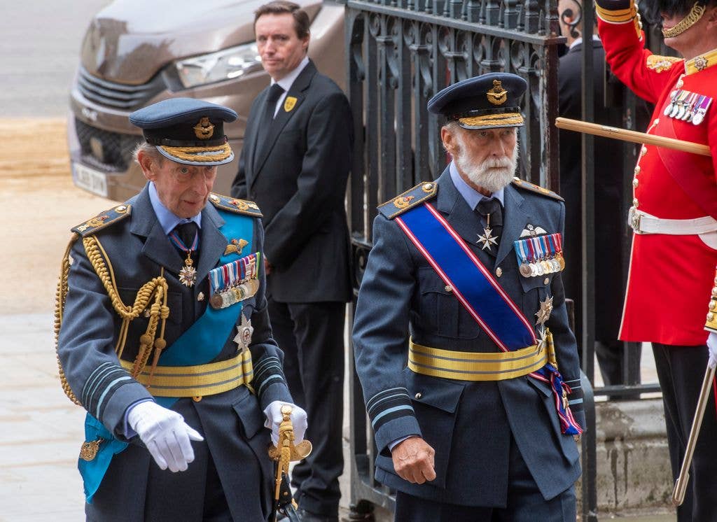Prince Michael of Kent and Prince Edward, Duke of Kent leave after the state funeral of Queen Elizabeth II at Westminster Abbey in 2022