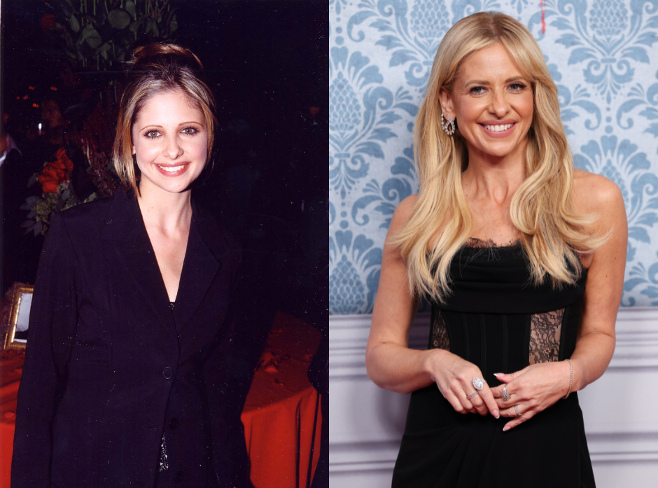 Sarah Michelle Gellar shown on the left in 1997 at the premiere of Scream 2 and on the right in 2025 in a black dress.