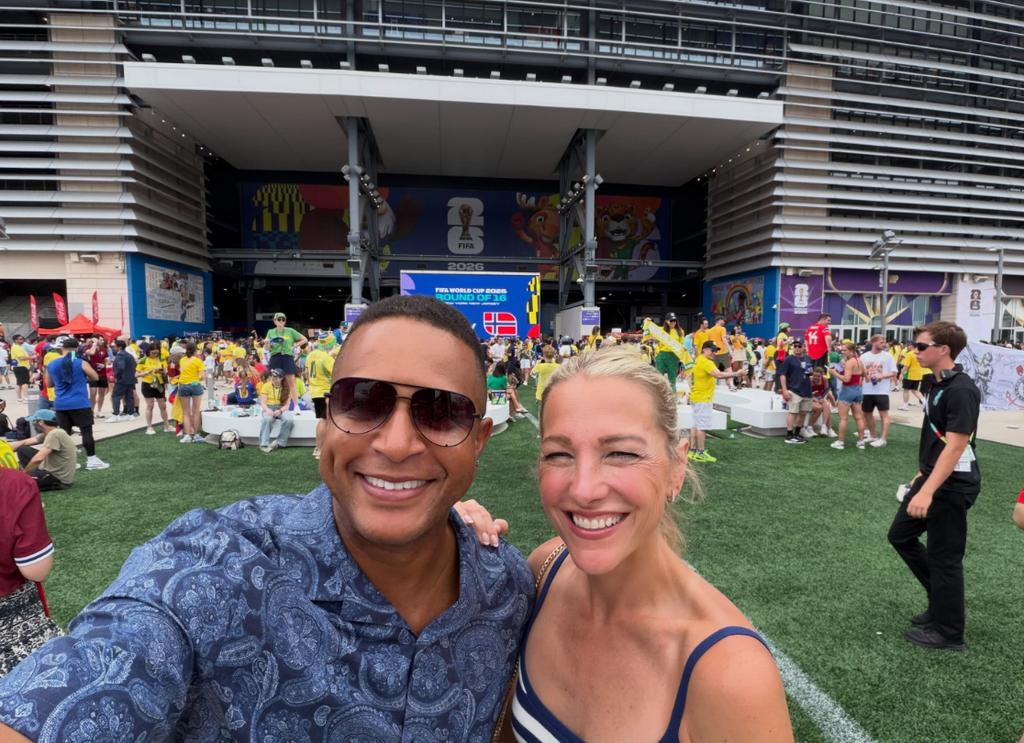 Photo shared by Craig Melvin on Instagram attending the FIFA World Cup game between Brazil and Norway with wife Lindsay Czarniac