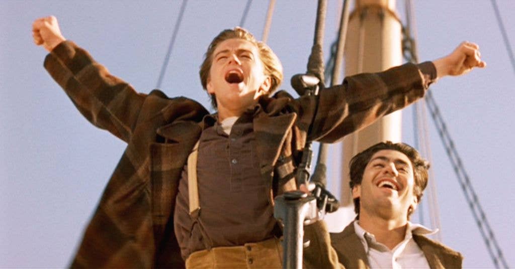 Leonardo DiCaprio as Jack Dawson and Danny Nucci as Fabrizio in the "I'm the king of the world!" moment. 