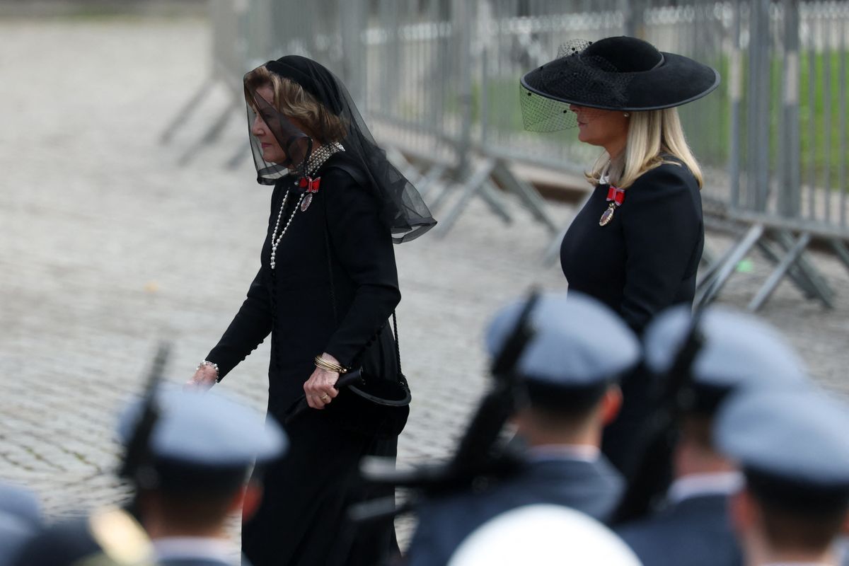 Queen Sonja of Norway and Queen Mette-Marit of Norway arrive for the funeral ceremony of late King Harald V of Norway in front the Cathedral in Oslo on September 9, 2026