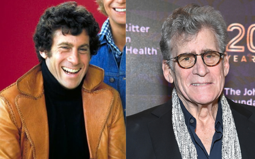 A side-by-side image showing Paul Michael Glaser as a young man laughing in a brown leather jacket, next to a recent photo of him older, wearing glasses and a scarf at an event.