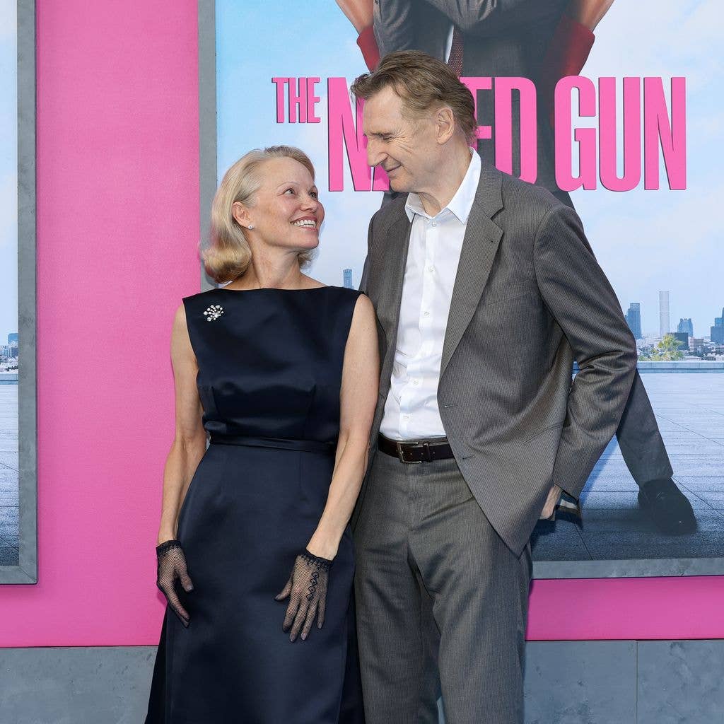 Pamela Anderson and Liam Neeson attend "The Naked Gun" New York premiere on July 28, 2025 in New York City