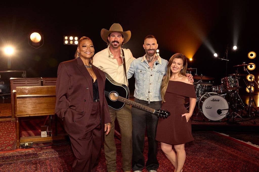 THE VOICE -- "Coach Performance" -- Pictured: (l-r) Queen Latifah, Riley Green, Kelly Clarkson, Adam Levine