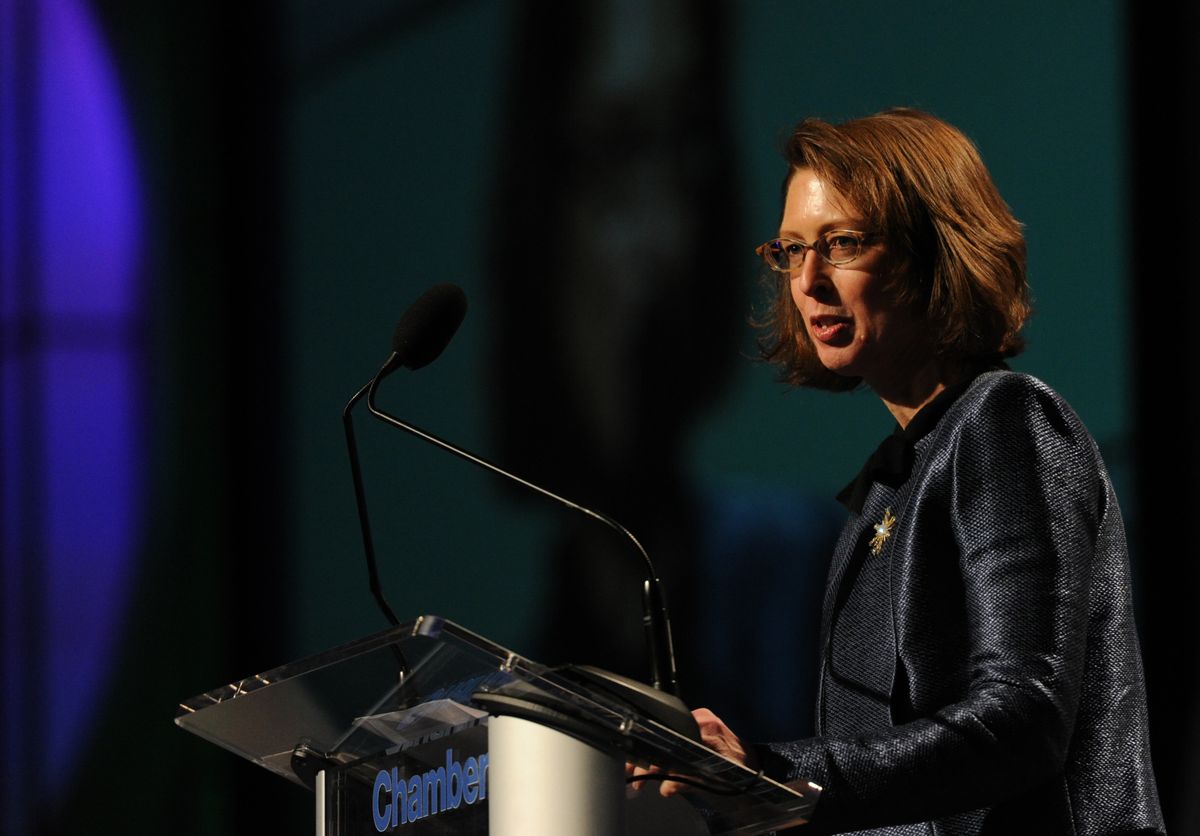 Abigail Johnson with Fidelity Investments, received an award on behalf of the Johnson family at the Boston Chamber of Commerce 2012 at the Boston Convention and Exhibition Center