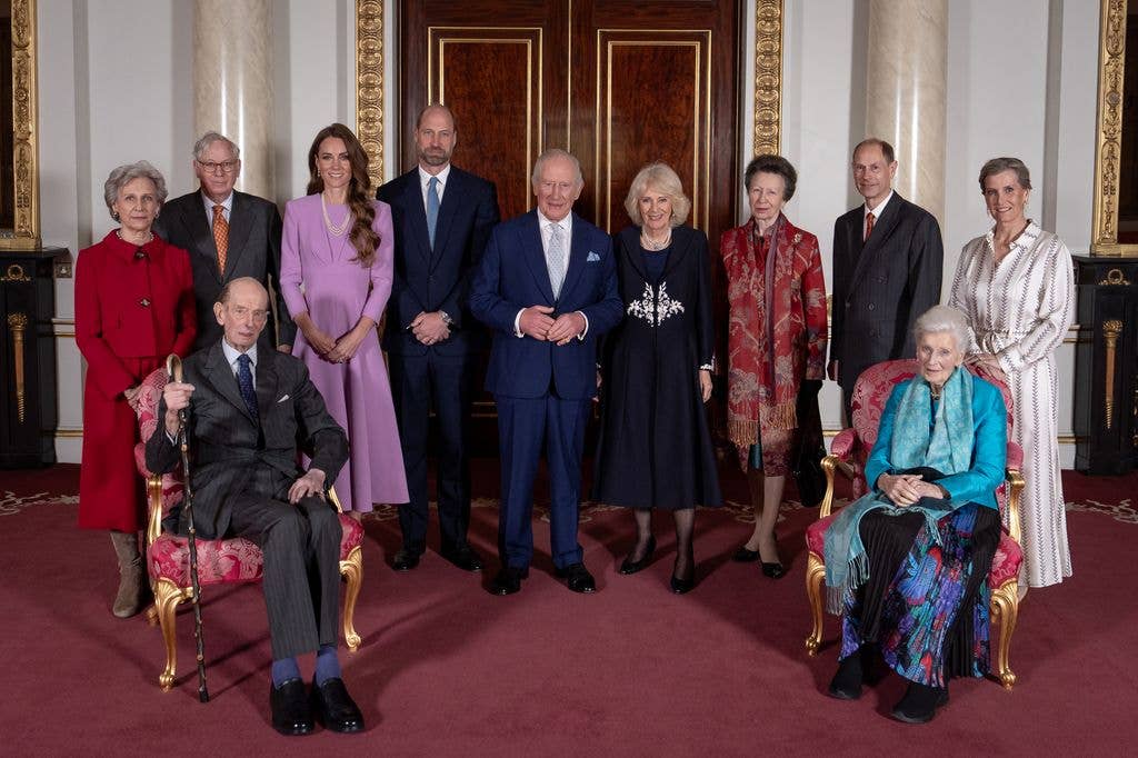 The Duchess of Gloucester, the Duke of Gloucester, the Duke of Kent, the Princess of Wales, the Prince of Wales, King Charles III, Queen Camilla, the Princess Royal, the Duke of Edinburgh, Princess Alexandra and the Duchess of Edinburgh at Buckingham Palace in London, to celebrate the 100th anniversary of Queen Elizabeth II's birth