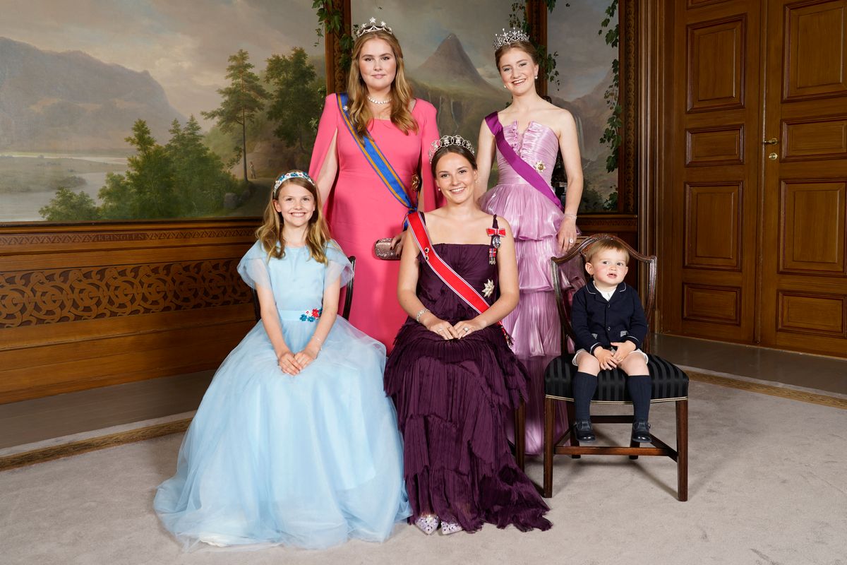 Norway's Princess Ingrid Alexandra posing with Princess Estelle of Sweden, Prince Charles of Luxembourg, Catharina-Amalia, Princess of Orange, and Princess Elisabeth, Duchess of Brabant on Ingrid's 18th birthday.