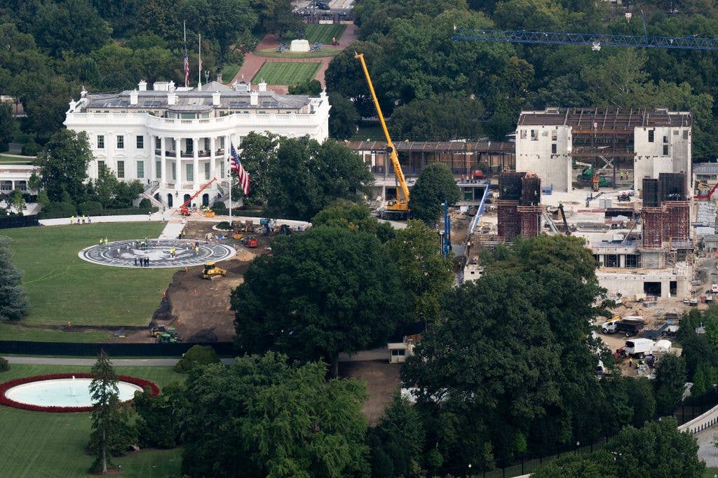 Construction continues on a new East Wing, including President Donald Trump's White House ballroom, as well as a new helipad for Marine One on the South Lawn, at the White House in Washington, DC, September 1, 2026