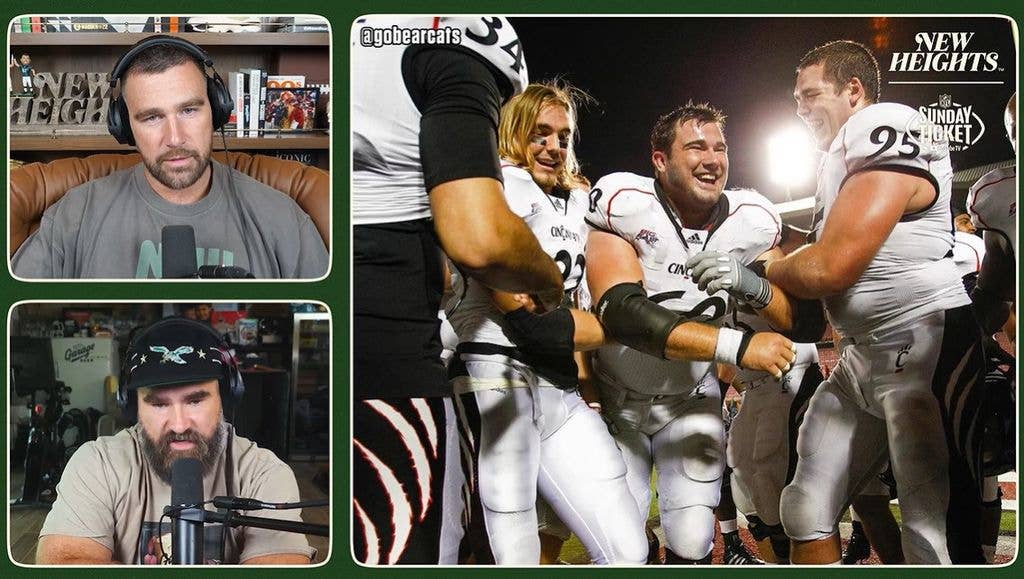 Jason and Travis Kelce on New Heights looking at a photo of Jason Kelce in college