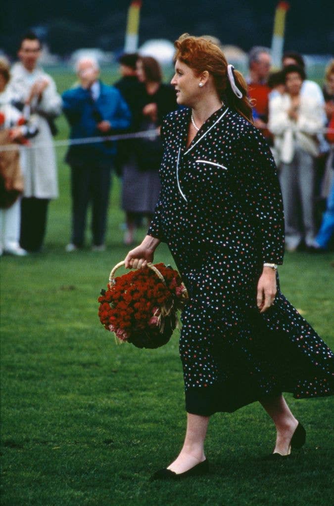 Sarah, Duchess of York attends a polo match at Smith's Lawn, Windsor, UK, 10th July 1988. She is heavily pregnant with Princess Beatrice
