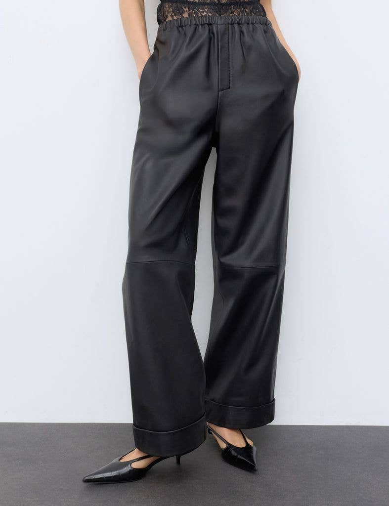 M&S Leather Mid Rise Straight Leg Turn Up Trousers