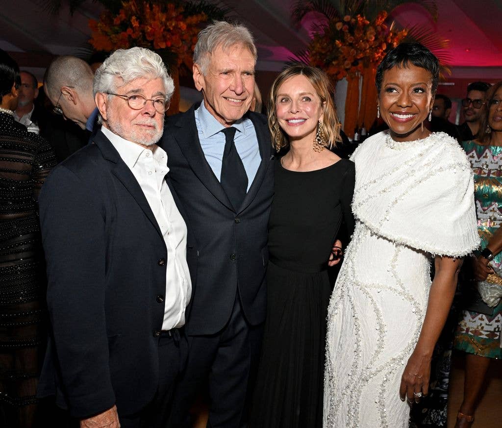 George Lucas, Founder, LMNA, Harrison Ford, Calista Flockhart, and Mellody Hobson, Founder, LMNA, attend the Lucas Museum of Narrative Art Opening Night at Lucas Museum of Narrative Art on September 19, 2026 in Los Angeles, California.