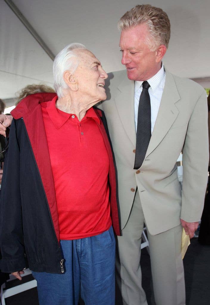 Actor Kirk Douglas and his son Peter Douglas attend the Anne and Kirk Douglas 400th Playground Dedication at Lillian Street Elementary School, on May 28, 2008 in Los Angeles, California.