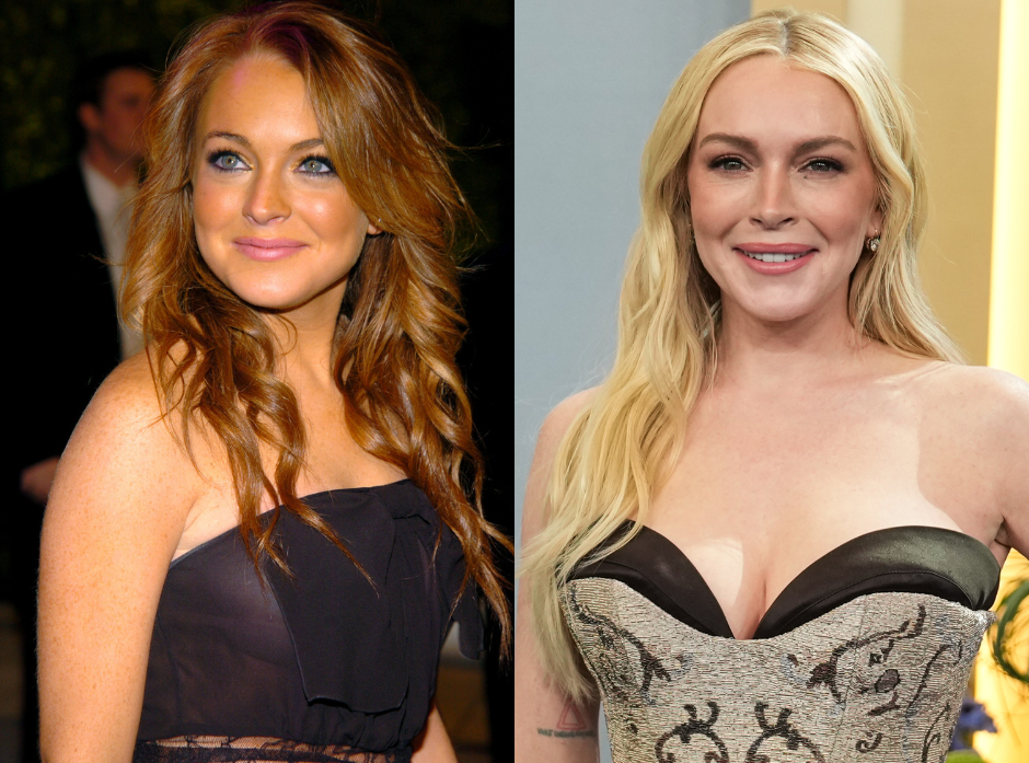 Split image of Lindsay Lohan. On the left at the Vanity Fair Oscar Party in 2004 wearing a strapless black dress. On the right, at the 2026 Disney Upfront in a strapless grey dress with a black exaggerated bust.